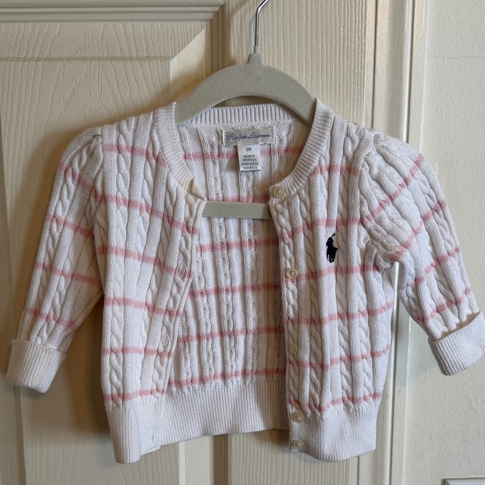 Ralph Lauren White and Pink Baby Cable Knit Cardigan